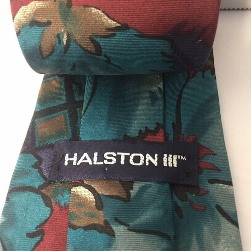 Halston III Men's Classic Necktie 100% Silk, Floral Maroon Blue Tie - Picture 4 of 5