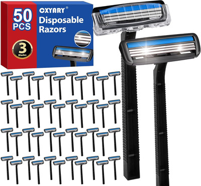 50 Pcs 3 Blade Disposable Razors with Clear Safety Cap, Shaving Razors Bulk for