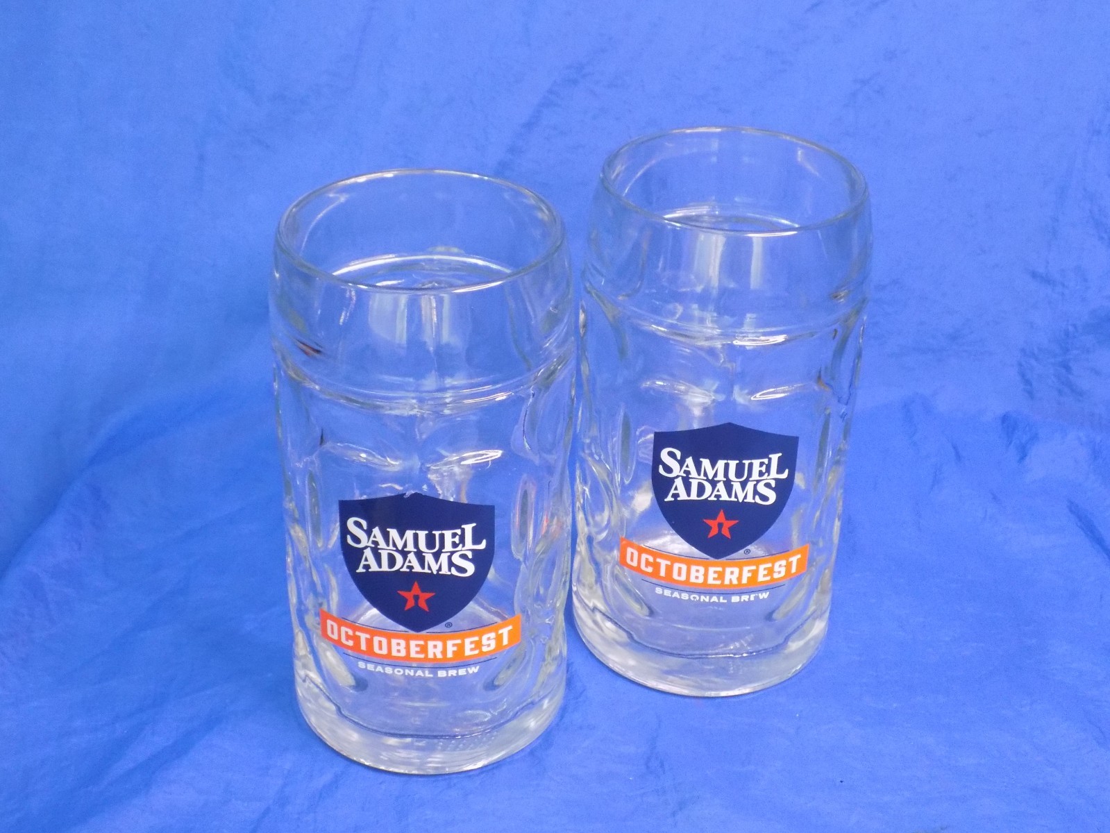 SAM ADAMS BEER STEIN Samuel Adams Octoberfest Mug Dimpled Glass .5L PAIR Barware