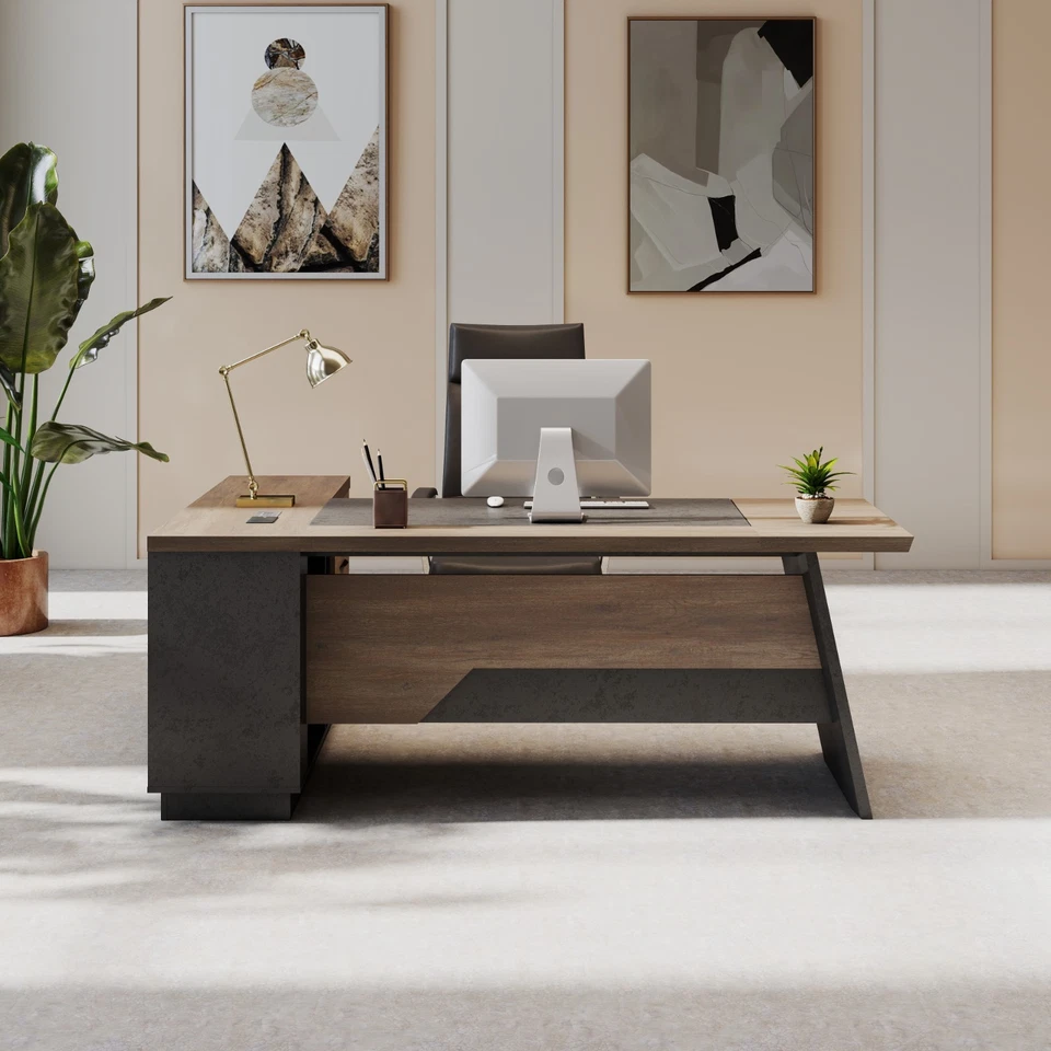 Escritorio de oficina ejecutivo grande en forma de L de 78,74 pulgadas con cajones y estante de almacenamiento Foto 2 de 4