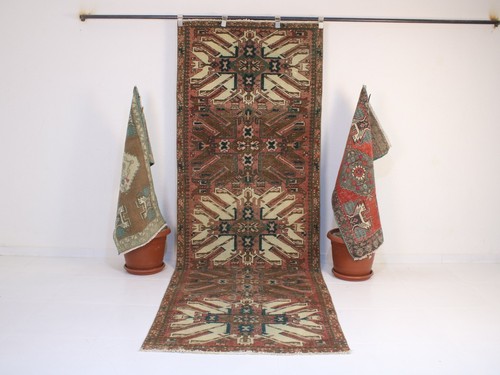 Vintage Turkish Runner 3x10 ft | Handmade Wool Red Brown Rug | 3.4x10.0 Ft