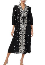 Free People Fable Midi Dress XS Black White Floral Embroidered 3/4 Sleeve Boho