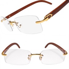 Designer Faux Wood Temple Gold  Brown Rimless Rectangle Clear Lens Glasses