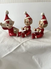 Vintage Lefton Ceramic Christmas Elves  Candle Hugger•Red & White•Japan~set Of 3