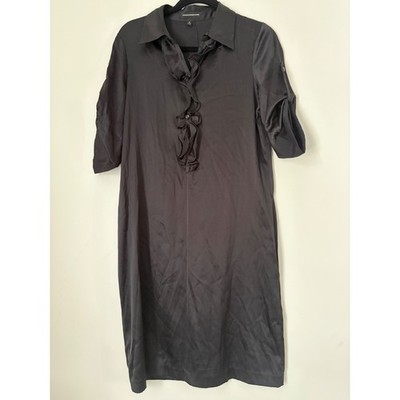 Express Design Studio Ruffle Front Collared Black Silk Elegant Dress Size M