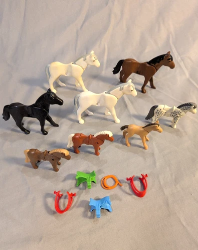 Vintage Lot of 8 Geobra Playmobil Horses Ponys Foal Black Brown White ca. 2000