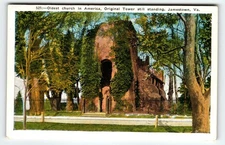Linen Postcard Oldest Church in America Jamestown VA Original Tower