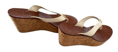 Tory Burch Thora White Wedge Sandals Size 9 Gold Logo-Excellent Condition 