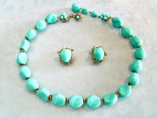 Vintage Signed MIRIAM HASKELL Turquoise Glass Bead Necklace Earring Set