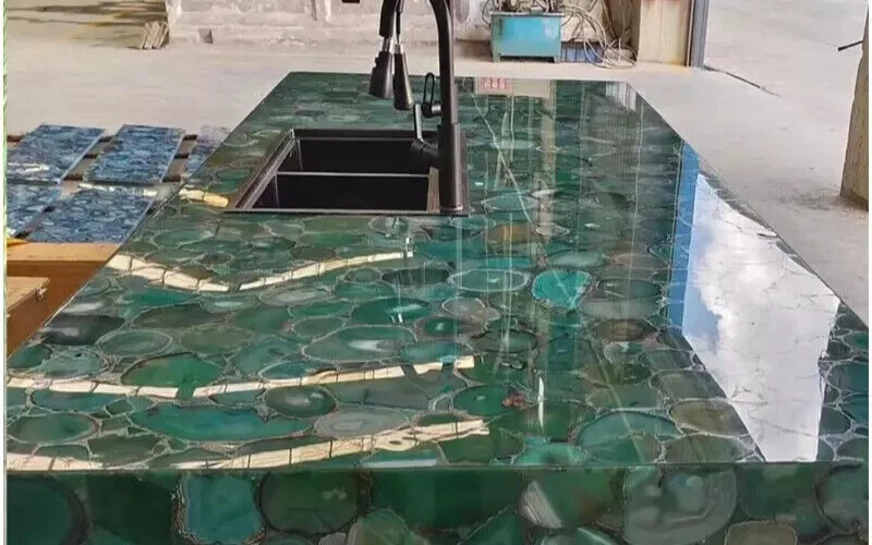 Mesa de comedor y centro de cuarzo con losa de encimera de cocina de ágata verde para decoración del hogar Foto 3 de 4