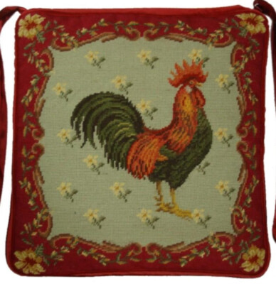 Needlepoint Chair Cushion Handmade Wool Brown Leghorn Rooster Seat Pad 18 X18 Needlepoint Chair Cushion Handmade Wool, Rooster Chair Pad