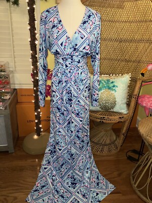 Lilly Pulitzer Nichola Maxi Dress Zanzibar Blue Meet Me On The Dock, Women's, Size: XL