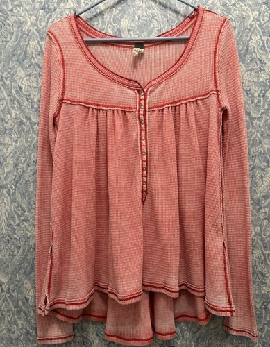 Free People We the Free Kai Burnout Thermal Henley High Low Top Red Size XS