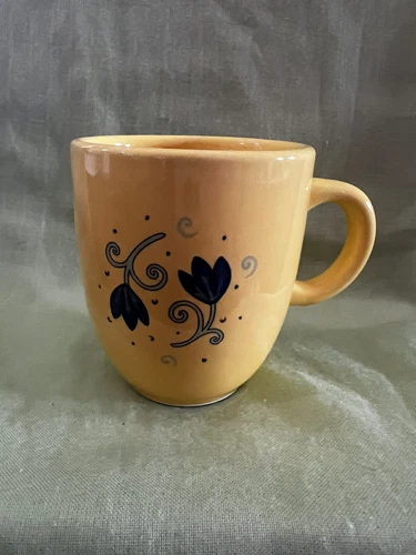VINTAGE Furio Yellow Coffee Mug Tea Cup  Blue Flowers 4" Italy Coffee Bar