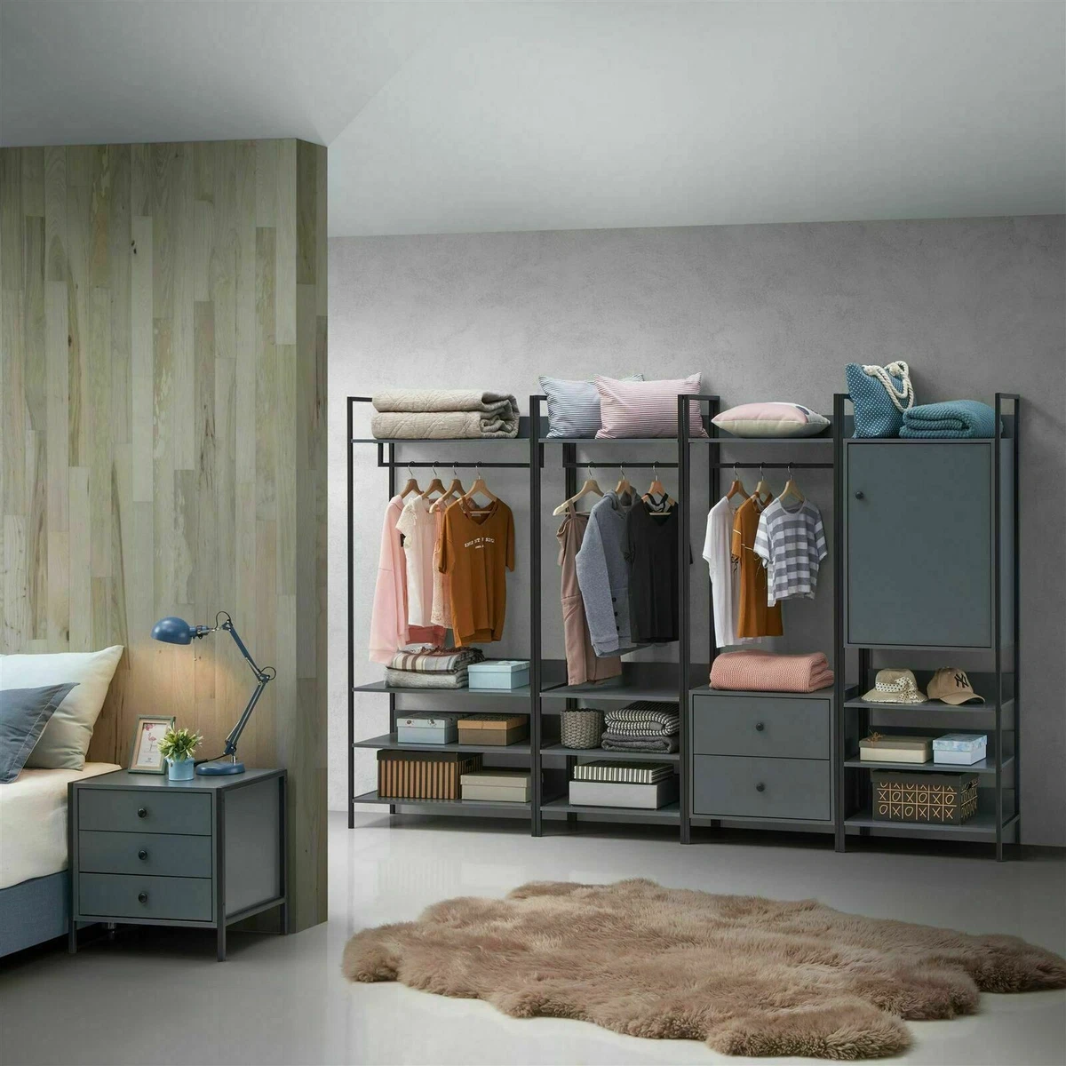 TAD Zahra Bedroom Double Open Wardrobe 4 Shelves Dark Grey 83.8