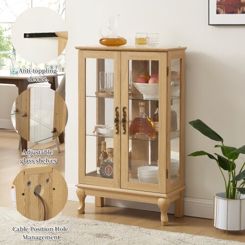 Oak 2 Doors Curio Cabinet with Tempered Glass Doors with Mirrored Back Panel - Picture 9 of 17