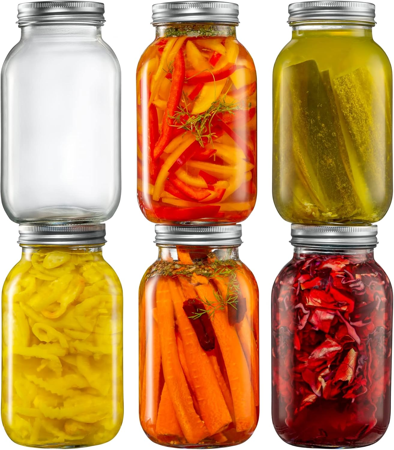 [6 Pack] 32 Oz. Regular-Mouth Glass Mason Jars - with Metal Airtight Lids and Ba