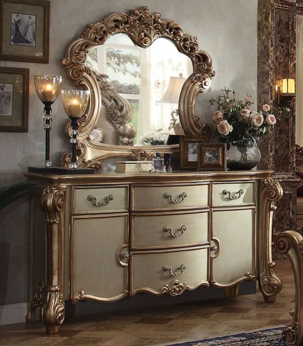 ON SALE - Traditional Queen King Bedroom Set in Gold & Cream Leatherette IAAA - Picture 3 of 4