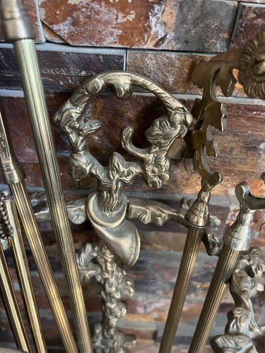 Vintage 5 Piece BRASS DOG FIREPLACE POKER SET~Bird Fire Tool*Brush*Shovel - Picture 9 of 24
