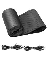 Universal Leather Car Steering Wheel Cover, Stitch On Wrap Size M4 Black