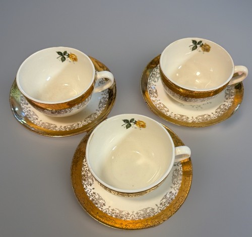 Set pranzo vintage Sabin Crest O Gold 22k 4-7,75” piatti 3 tazze/piattini 1 zuccheriera - Foto 6 di 24