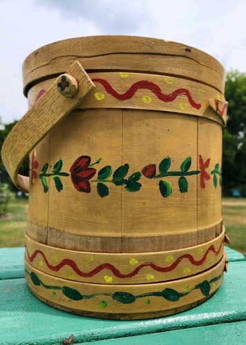 Antique Quality Folk Art Wooden Barrel Firkin Dutch Boy Bucket, Lid Hand Painted - Picture 3 of 14