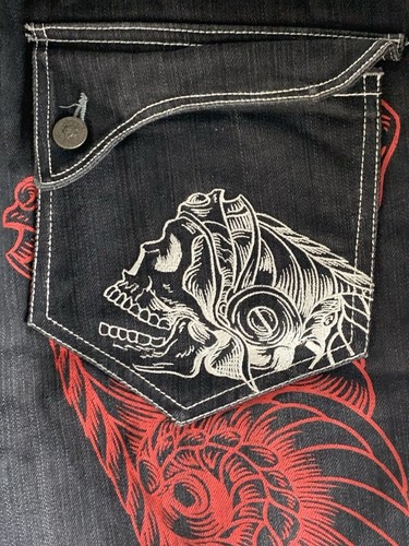 Teschio e ali uomo Y2k Jnco stile Southpole 42x15 cucitura interna blu grezzo ricamato - Foto 3 di 19