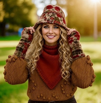 W7. Winter SET Bucket Hat Hut + Armstulpen + Tuch Schafwolle Musterwalk Wollwalk