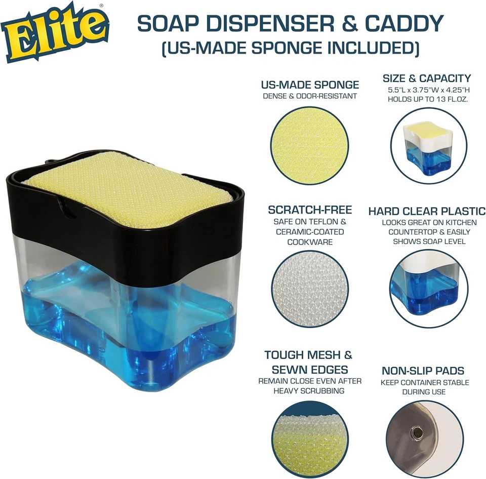 Elite Buddy Dish Soap Dispenser and Sponge Holder for Kitchen Sink Black - Image 2 of 4