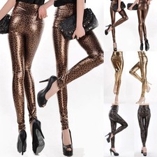 Leggings donna vita alta lucido-bagnato stampa lucida slim pantalone ecopelle elasticizzato
