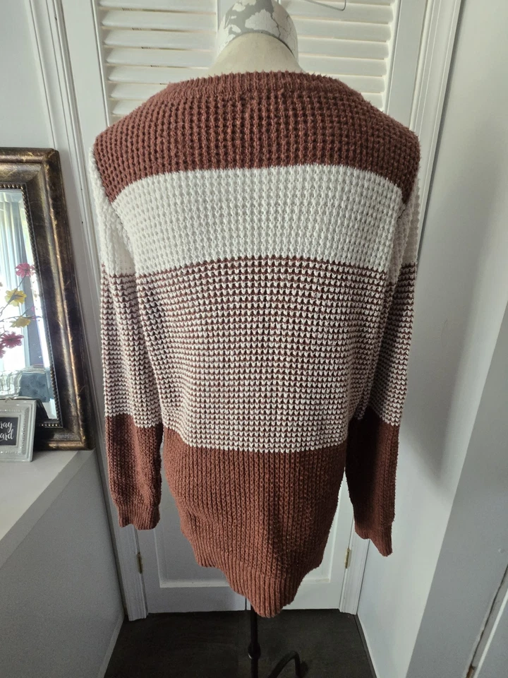 Brown White Striped Textured Knit Pullover Sweater Women’s M Cozy Fall Chunky Foto 4 de 4