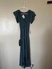 West kei Women's blue Short Sleeve V-neck Rayon Maxi Dress Size XS high low tie