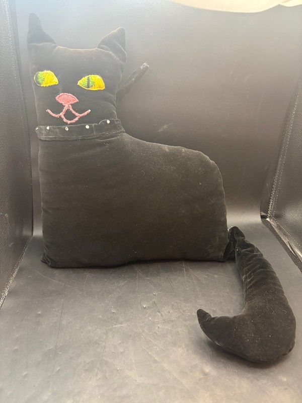 Vintage Velvet Plush MCM Embroidered Black Kitty Cat Gold Eyes Pillow