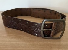 Vintage Loop Dark Brown Tooled Leather Belt With Brass- Size M Made In Australia