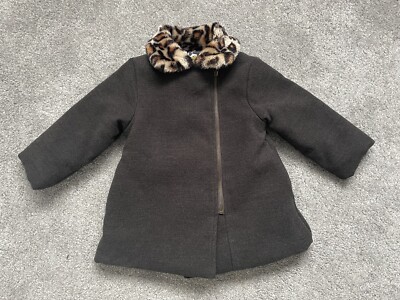 Mädchen Penelope Mack Mantel grau und Leopard flauschiger Kragen Alter 2-3 Jahre Jacke