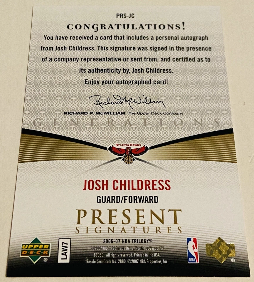 Josh Childress 2006-07 Upper Deck Trilogy Present Signatures Auto, Hawks 🏀🔥✍️ Foto 3 de 3