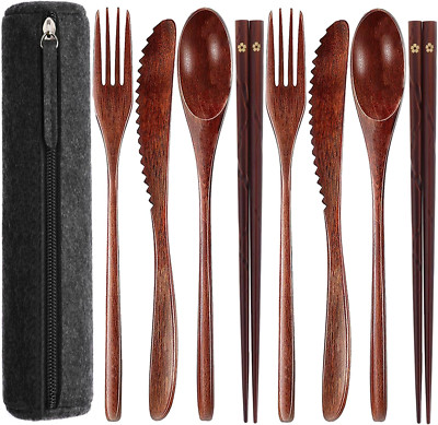 Reusable Wooden Utensils for Eating 8 Pcs Travel Wooden Spoons Forks Chopsticks 