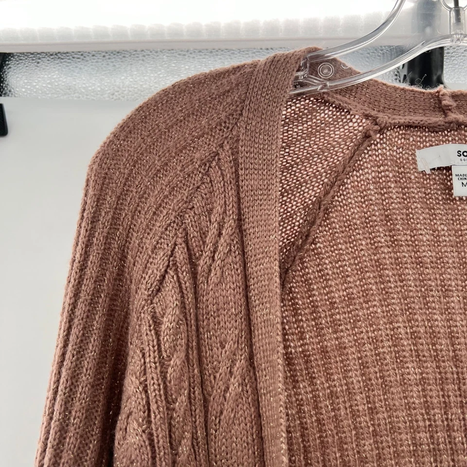 Cárdigan abierto para mujer Sonomo tejido con cable marrón/dorado brillante talla mediana Foto 4 de 4