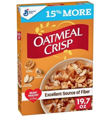 Oatmeal Crisp Heart Healthy Cereal, High Fiber Cereal Made with Whole Grain, 19.