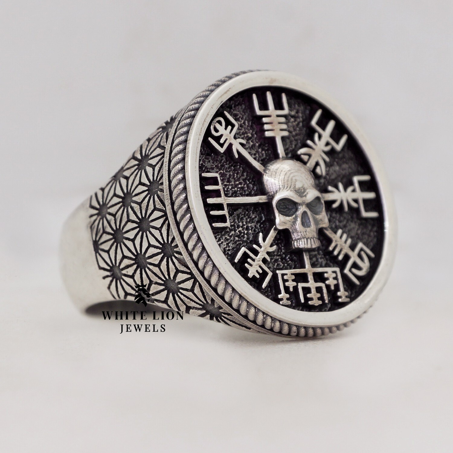 Vegvisir Viking Brújula Islandesa Magia Anillo Calavera 925 Plata Hombre Regalo