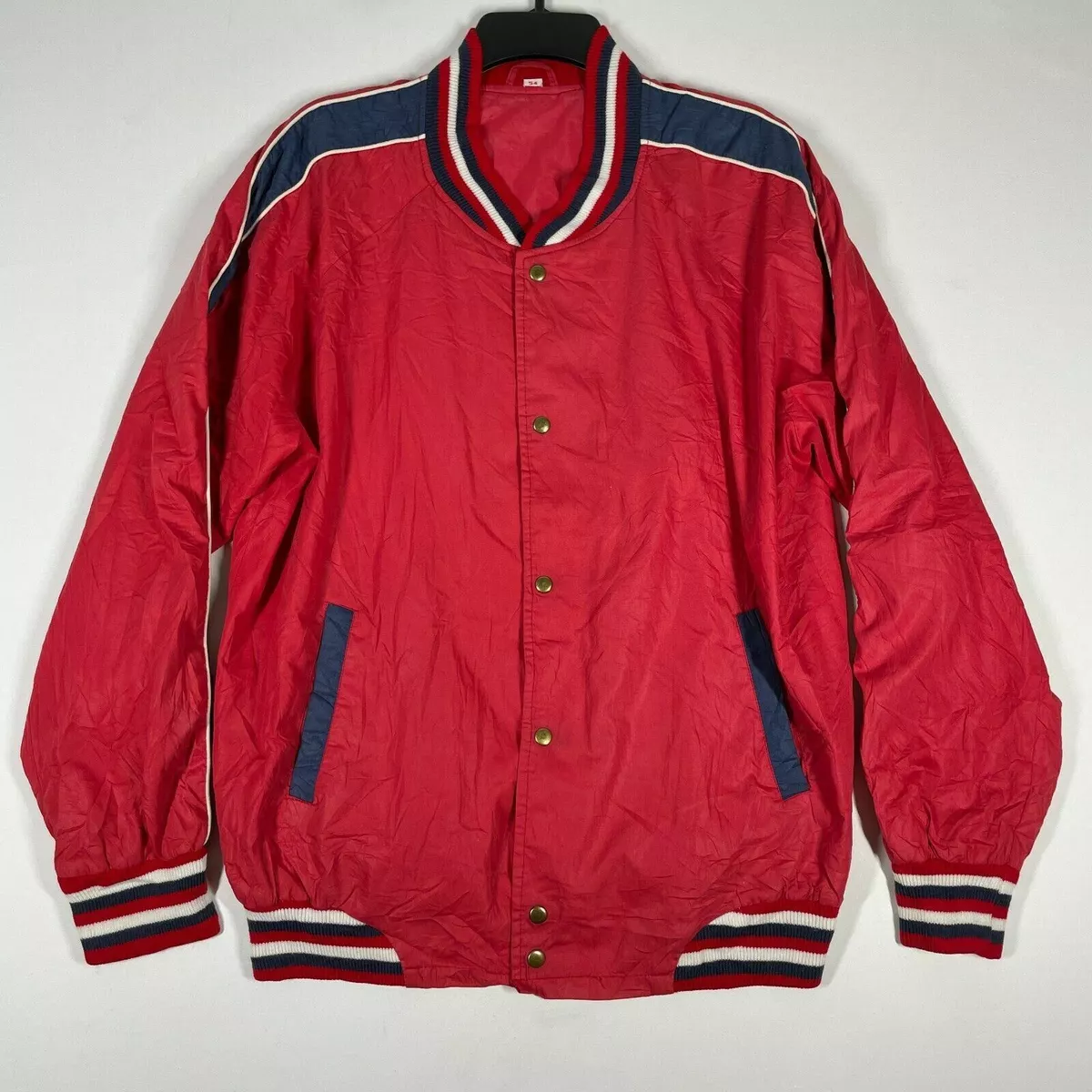 Vintage Baseball Windbreaker Jacket Snap Button Red Bomber Coat Adult Size 54