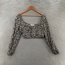 Elodie Cropped Long Sleeve Blouse Top Womens Large Black Floral Tie Front Casual