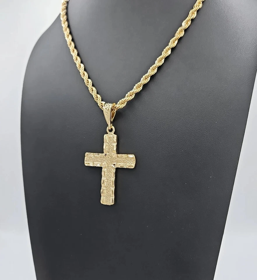 Золотой большой самородок крест подвеска, 14k тяжелое покрытие золото, 5 мм веревки цепи - Изображение 4 из 4