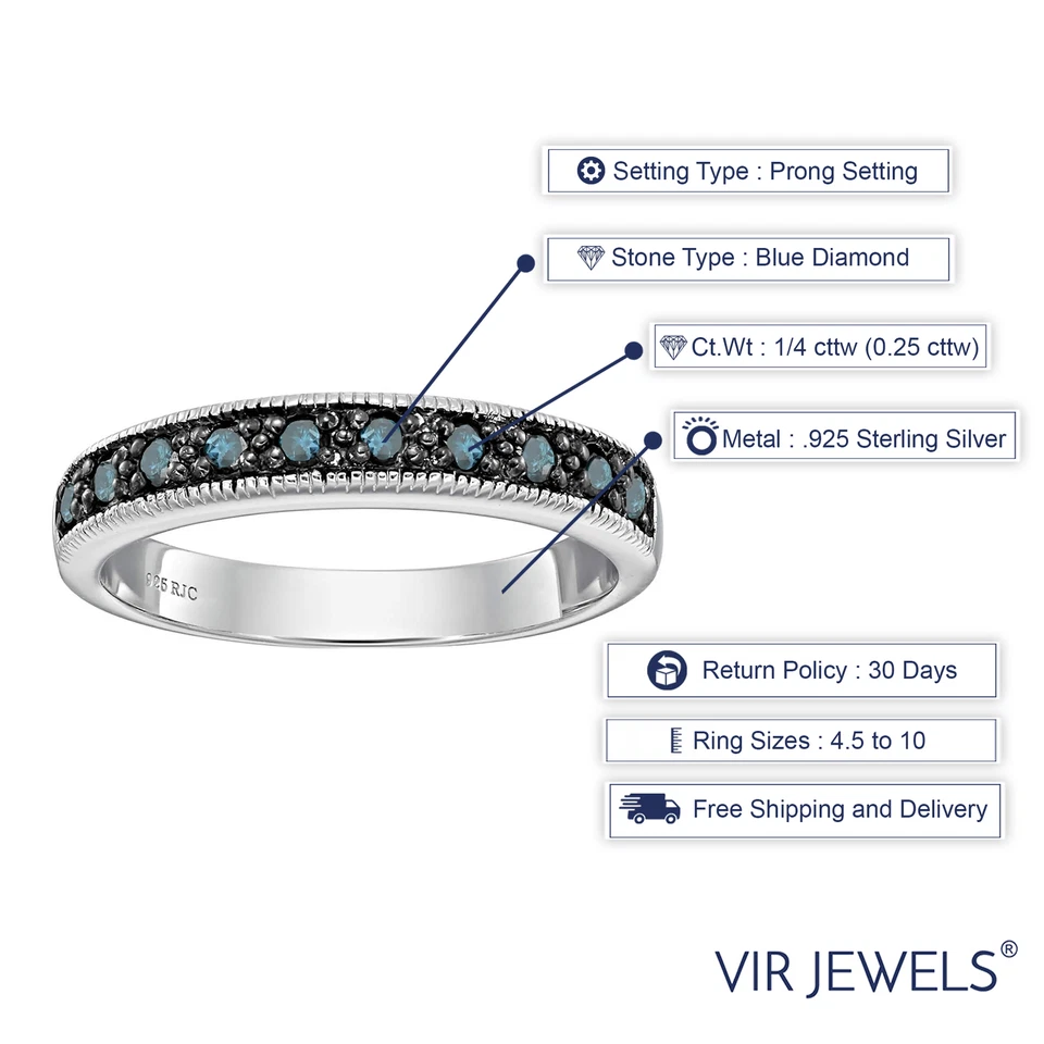 1/4 ct Blue Diamond Ring Wedding Band .925 Sterling Silver with Milgrain Round - Image 3 of 4