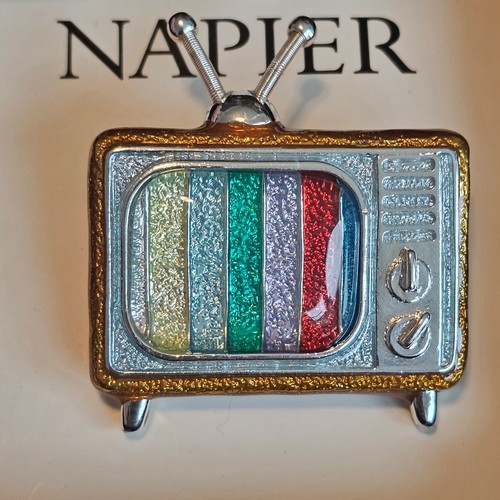 NAPIER Signed Enamel Retro Analog Color TV Television Antenna Pin Brooch Lapel - Picture 7 of 8