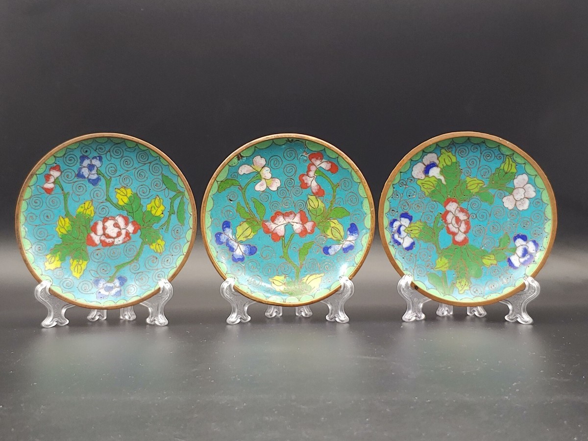 清代红铜景泰蓝茶花图赏盘Group Antique Chinese Qing Cloisonne