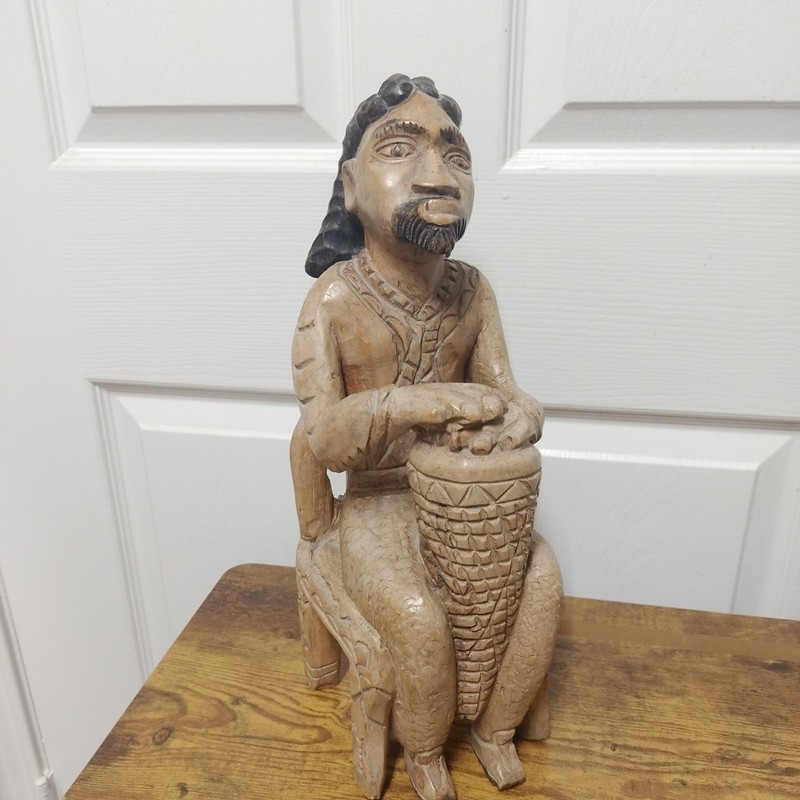 Unique Vintage Hand Carved Wood Drummer Figure Tribal Folk Art Sculpture Statue 