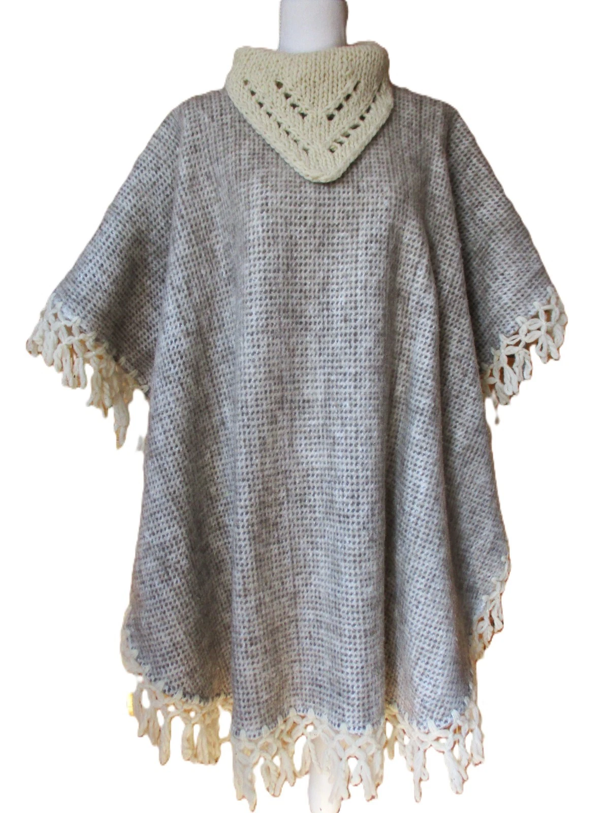 Vintage Poncho Wool Knit Fringed Hippy Boho Cowl Neck Gray Beige Houndstooth OS