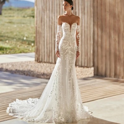 long sleeves customize made lace application bridal gown wedding dresses Lace Mermaid Wedding Dress Custom Detachable Long Sleeves Sweetheart  Applique