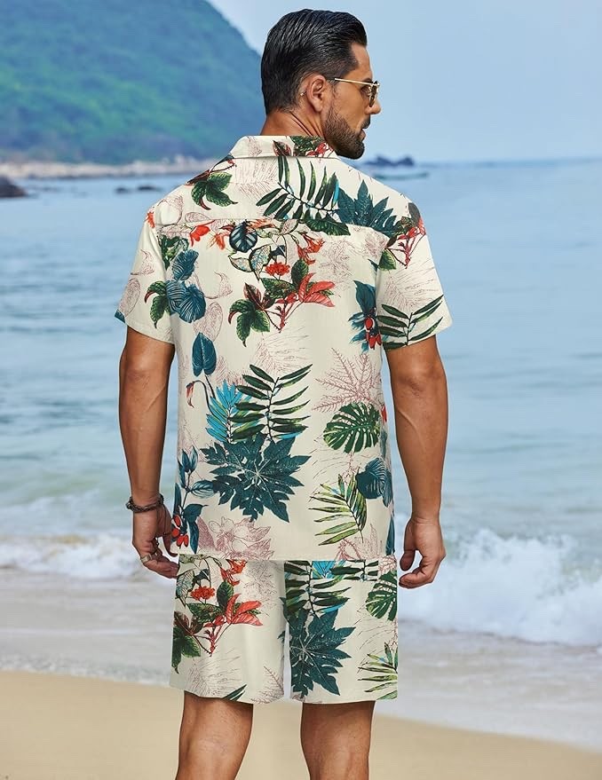 COOFANDY Hawaiian Matching Set Summer Beach 2 Piece Outfits Flower Button Large image 5